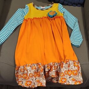Girls Orange Floral Tiered Dress with Striped Teal Sleeves